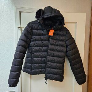 New SuperDry Womens Classic Fuji Hooded Puffer Jacket Black US Size 12